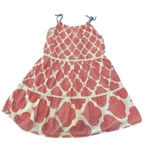 Mini Boden Cotton Pink & Cream Abstract Heart Dot Dress Blue Tie Straps Size 6-7